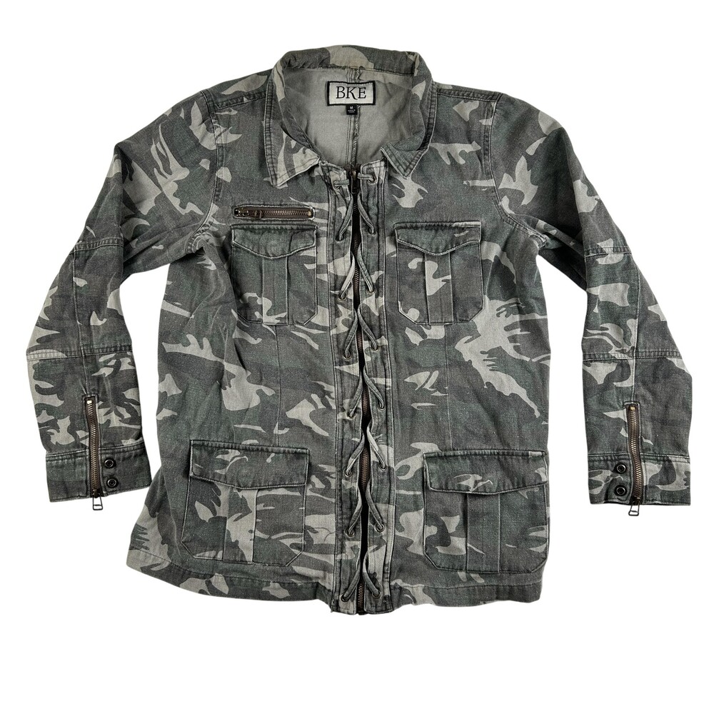 BKE Jacket Womens Medium Gray Camo Military Cotton Twill Utility Zip Pockets